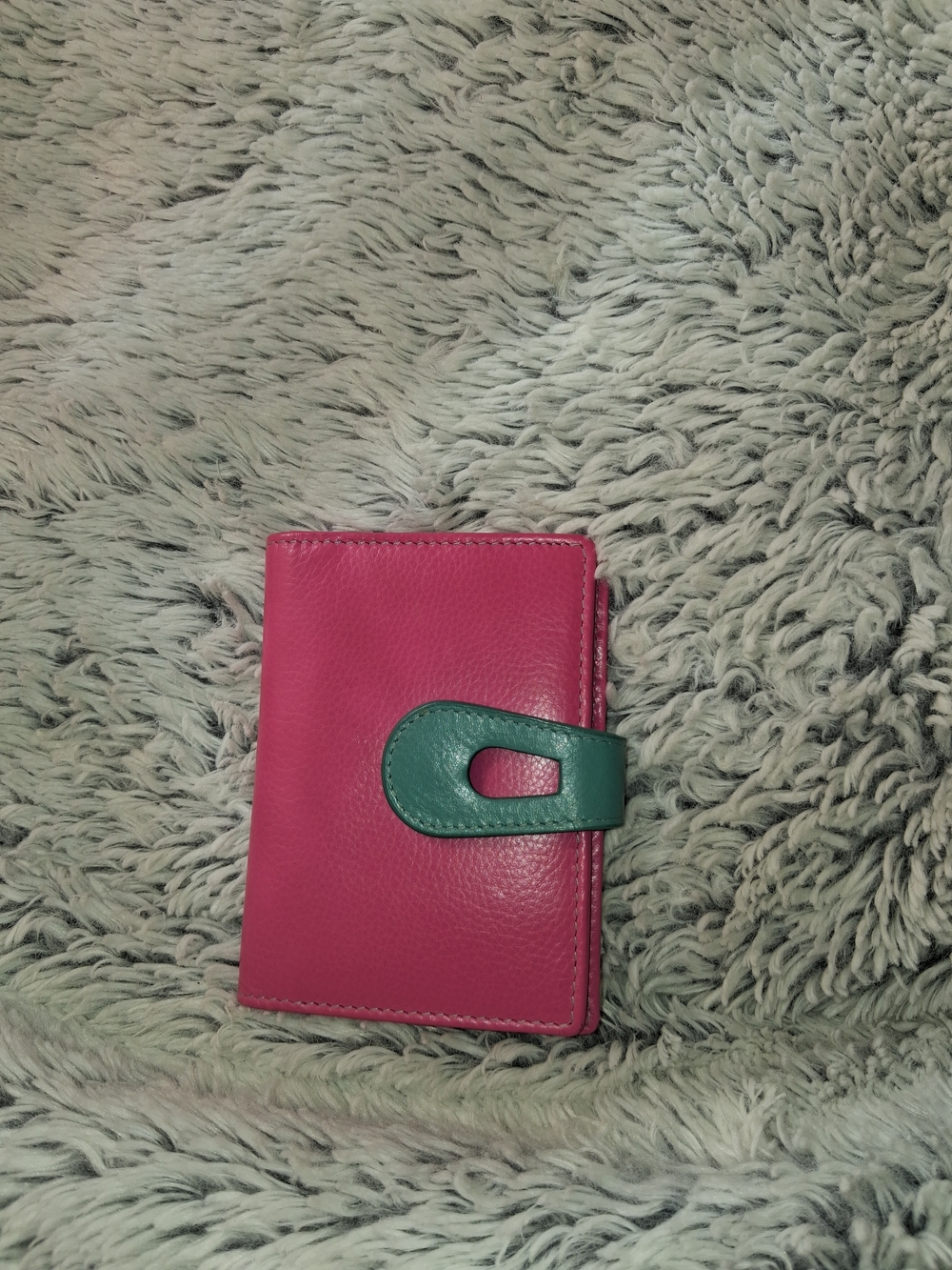 Pink Leather Wallet with Green Snap Closure